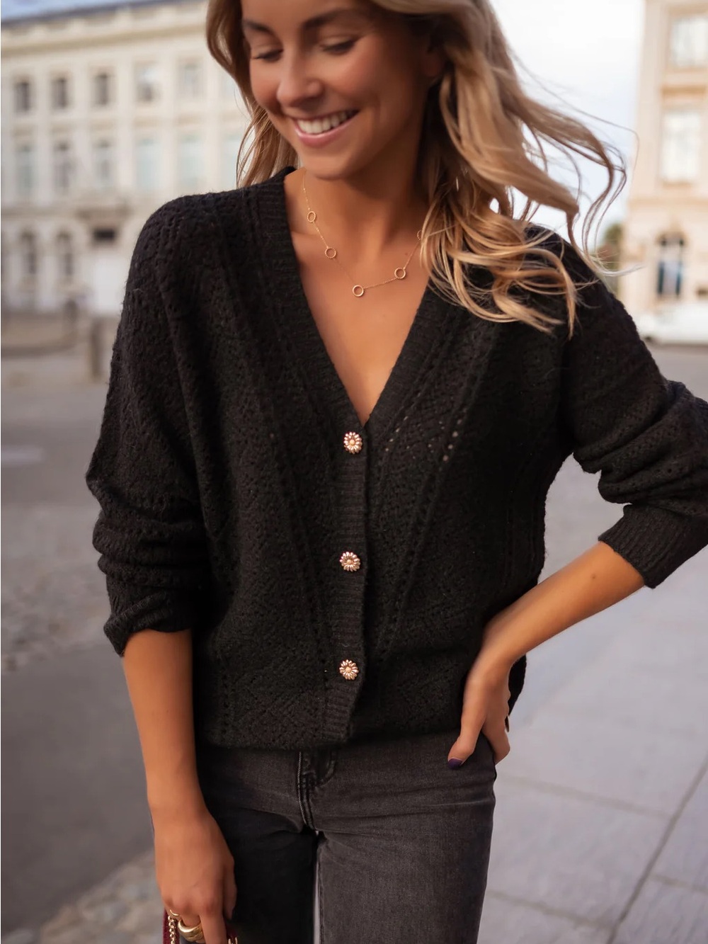 Easy Clothes Xavier Black Knit Cardigan Sweater with Gold Buttons